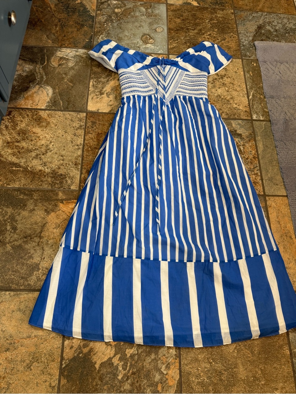 Tanya Taylor Blue and White Striped Off-Shoulder Maxi Dress